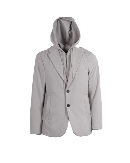 Shop EMPORIO ARMANI  Jacket: Emporio Armani blazer with bib and hood in canneté fabric.
Neckline with lapels.
Single-breasted closure.
Long sleeves.
Pouch pocket.
Open side pockets.
Double vent on the back.
Removable bib with zip.
Hood with drawstring.
Composition: 92% Polyester, 8% Elastane.
Made in China.. 3D1G73 1NPQZ-06G2